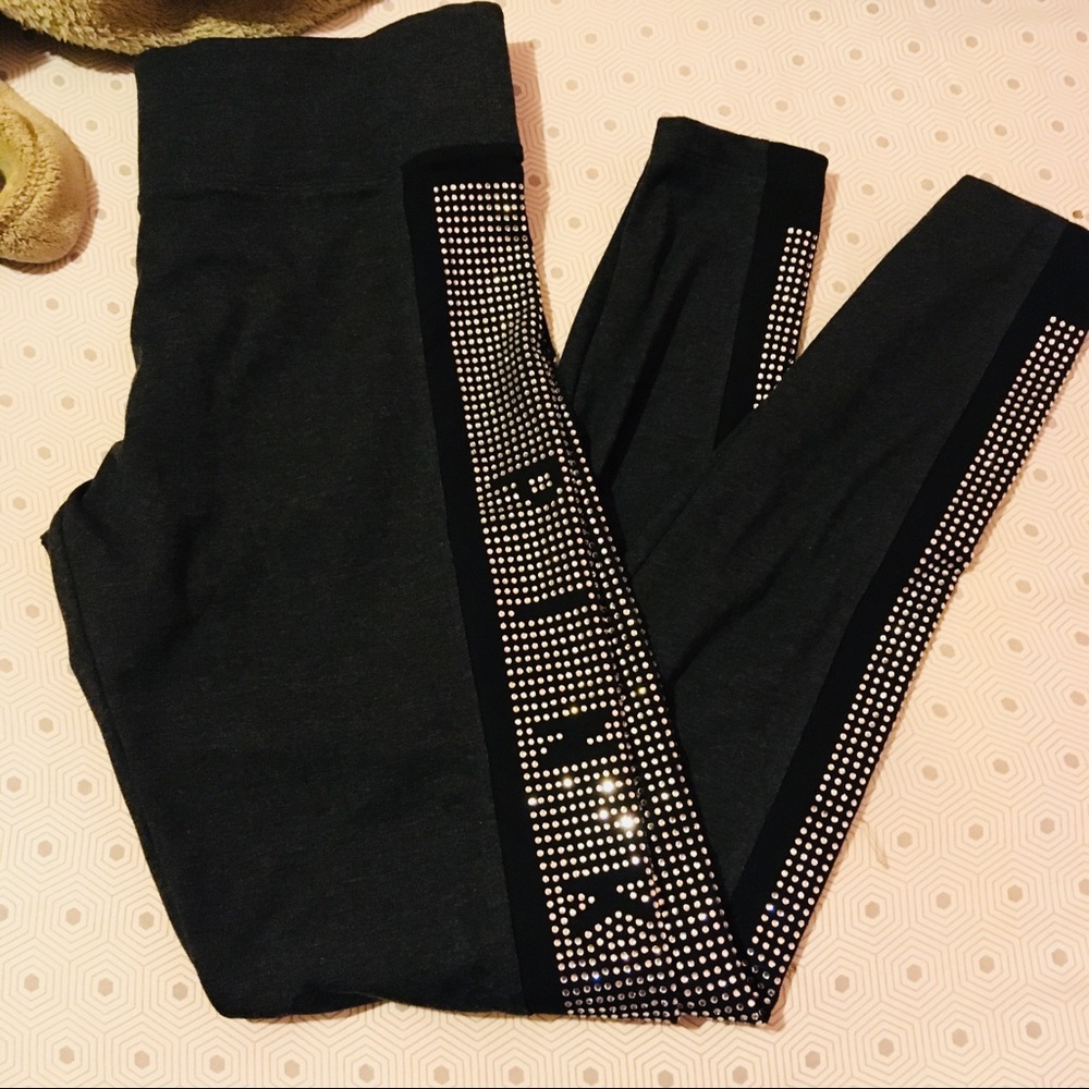 VS PINK HTF BLING RHINESTONE GRAY BLACK LEGGING MD